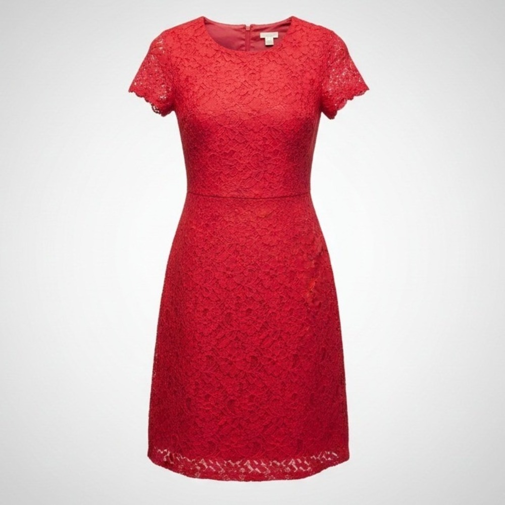 J. Crew Red Floral Lace Short Sleeve Fit Flare Cocktail Dress Women Size 2